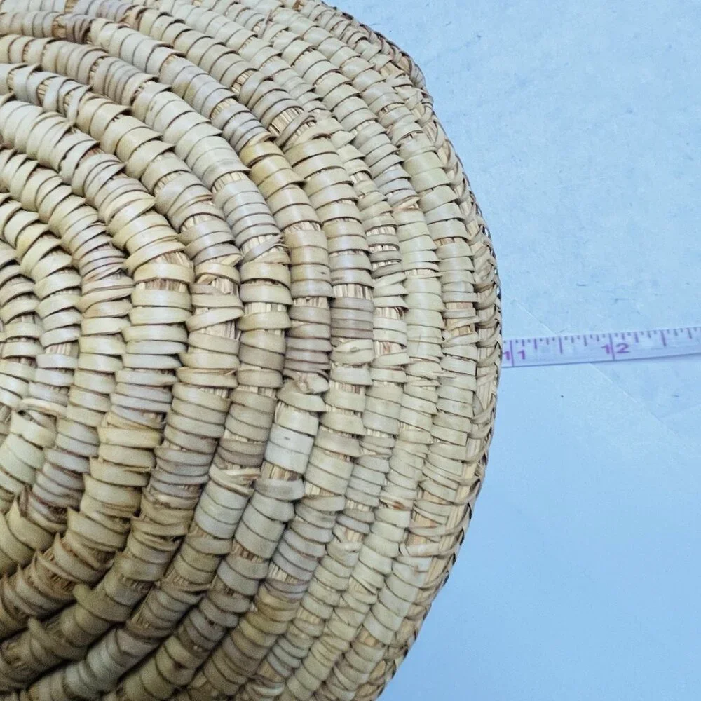 Vintage Primitive Boho Coil Basket Natural Grass Hand Woven Tan 11 Inch Decor